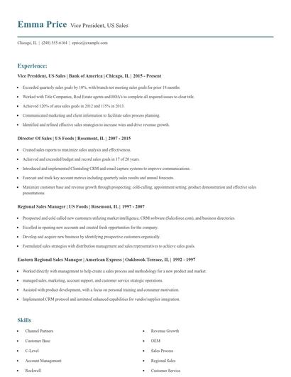 Vice President, US Sales Resume