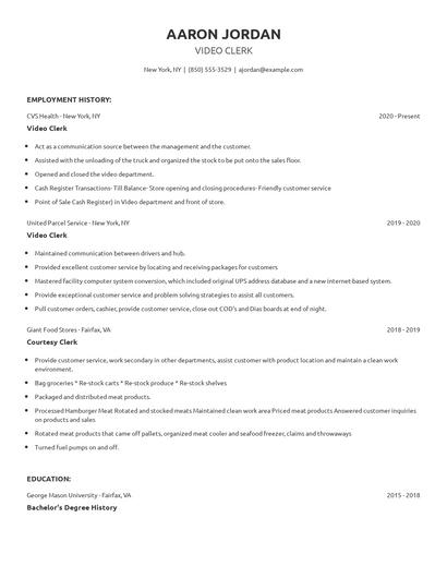 Video Clerk Resume