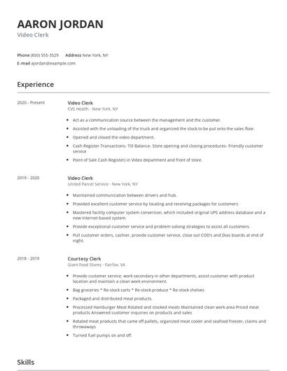 Video Clerk Resume