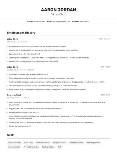 Video Clerk Resume