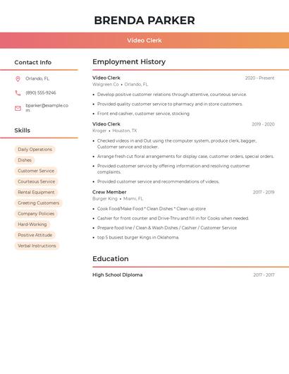 Video Clerk Resume
