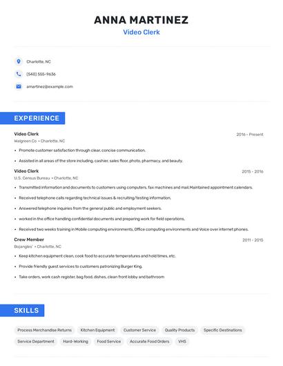 Video Clerk Resume