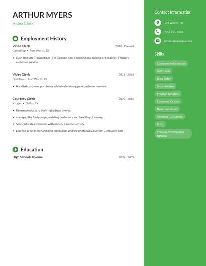 Video Clerk Resume