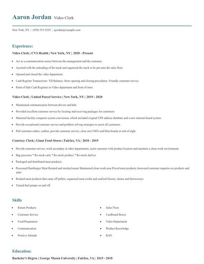 Video Clerk Resume