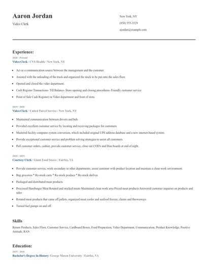 Video Clerk Resume