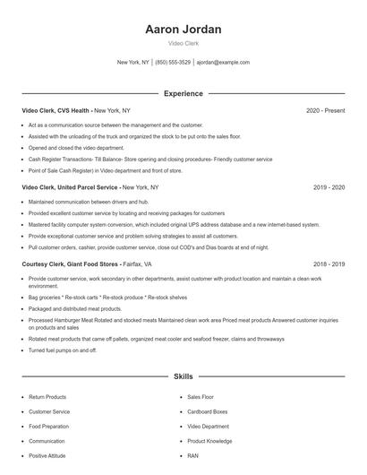 Video Clerk Resume