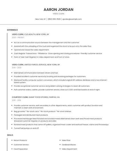 Video Clerk Resume