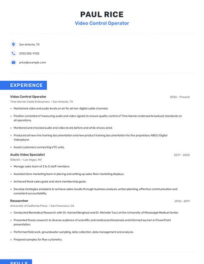 Video Control Operator Resume