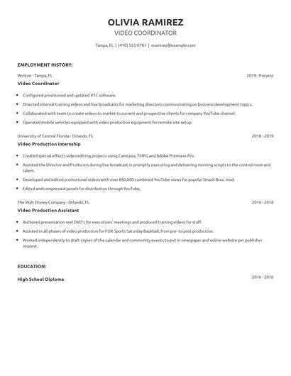 Video Coordinator Resume