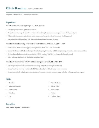 Video Coordinator Resume