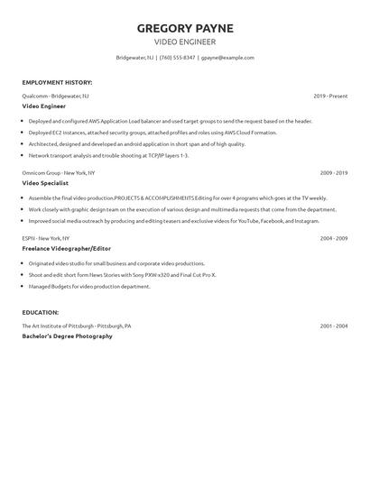 Video Engineer Resume