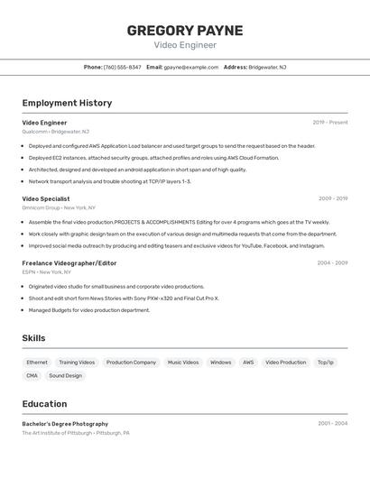 Video Engineer Resume