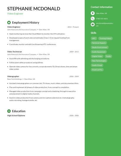 Video Engineer Resume