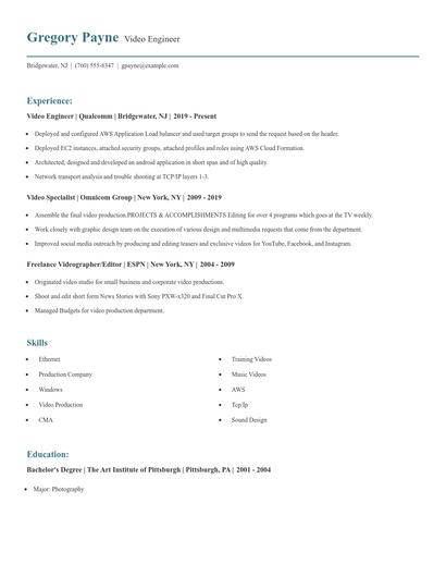 Video Engineer Resume