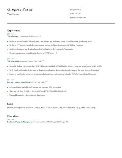 Video Engineer Resume