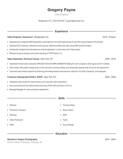 Video Engineer Resume