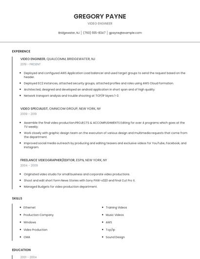 Video Engineer Resume