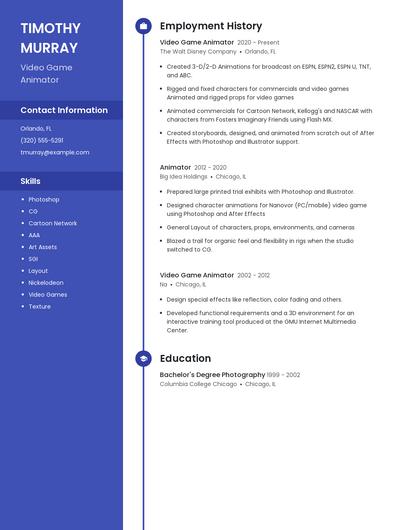 Video Game Animator Resume