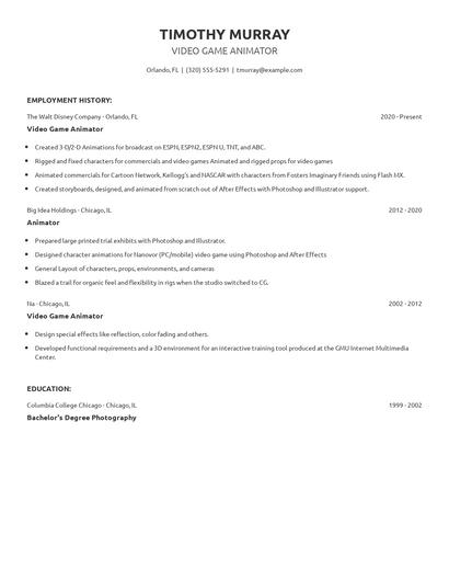 Video Game Animator Resume