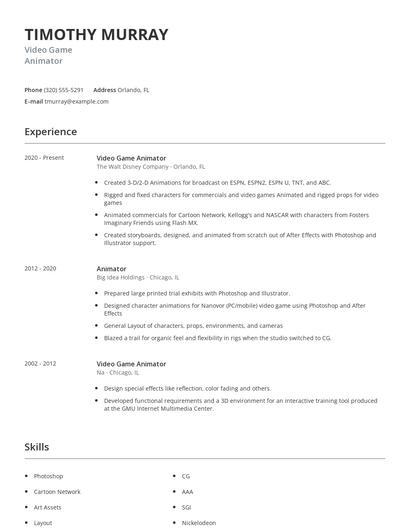 Video Game Animator Resume