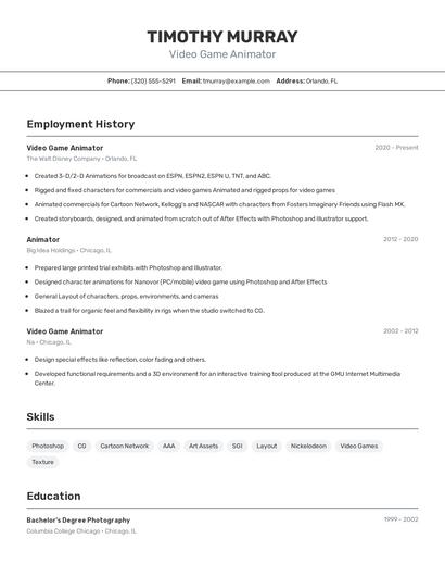 Video Game Animator Resume