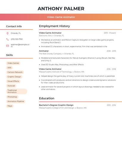 Video Game Animator Resume