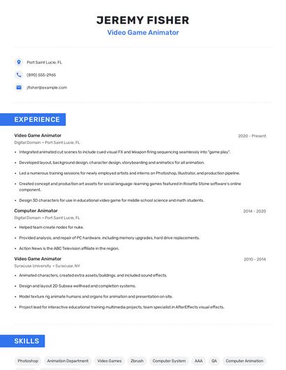 Video Game Animator Resume