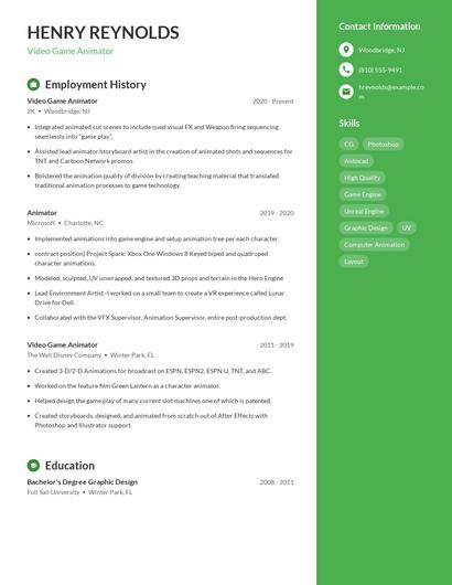 Video Game Animator Resume