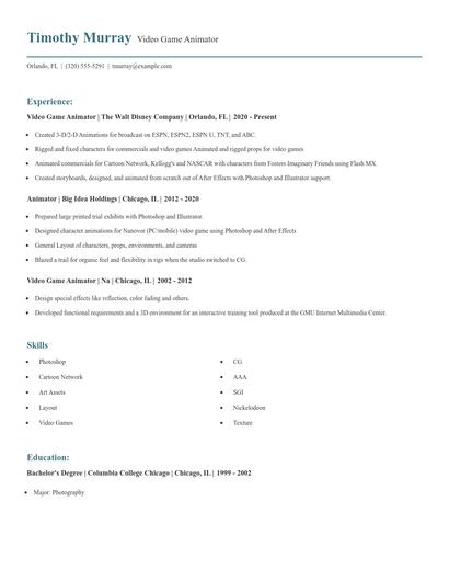 Video Game Animator Resume