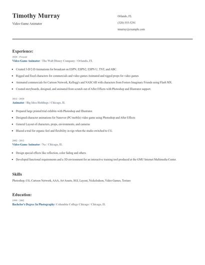 Video Game Animator Resume