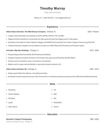 Video Game Animator Resume