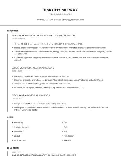 Video Game Animator Resume