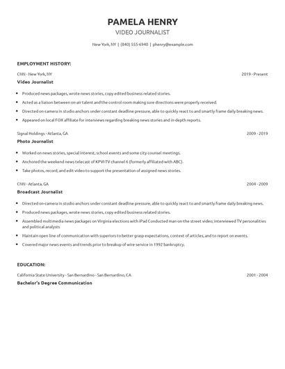 Video Journalist Resume