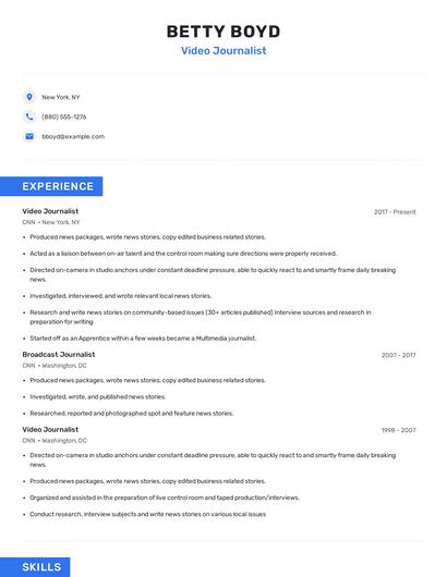 Video Journalist Resume