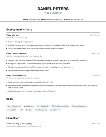 Video Operator Resume