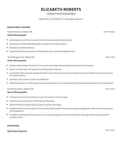 Video Photographer Resume