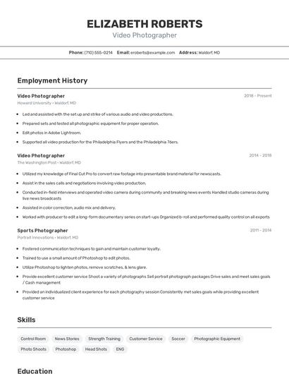 Video Photographer Resume