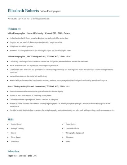Video Photographer Resume