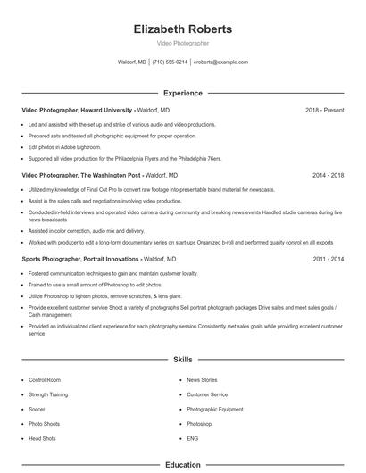 Video Photographer Resume