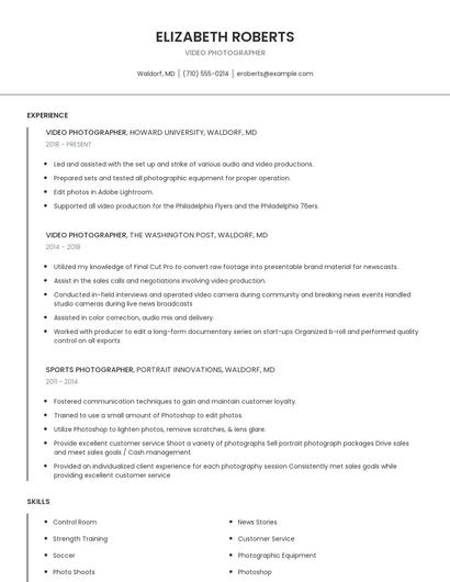 Video Photographer Resume