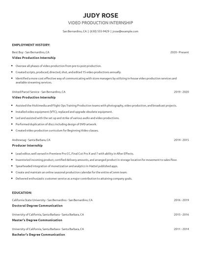 Video Production Internship Resume