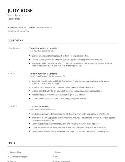 Video Production Internship Resume