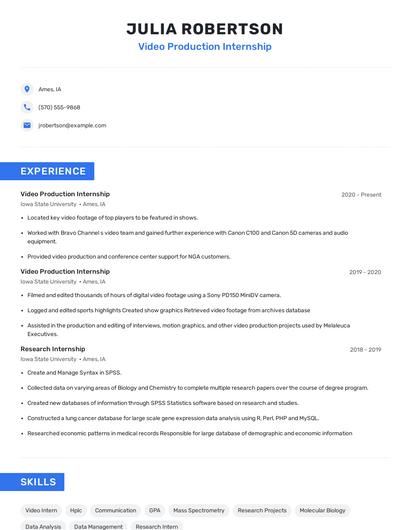 Video Production Internship Resume