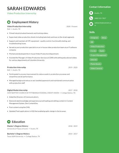 Video Production Internship Resume