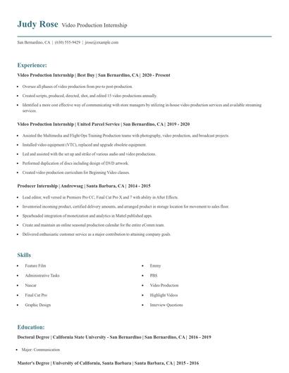Video Production Internship Resume