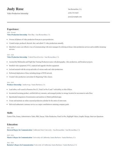 Video Production Internship Resume