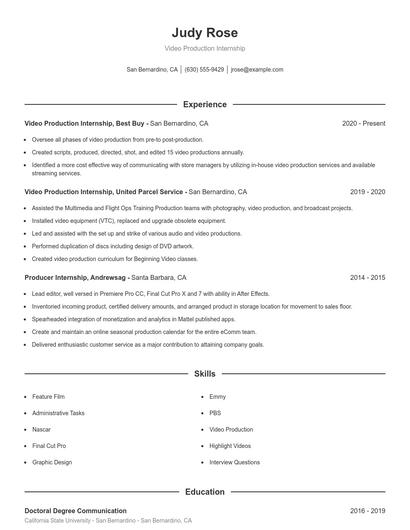 Video Production Internship Resume