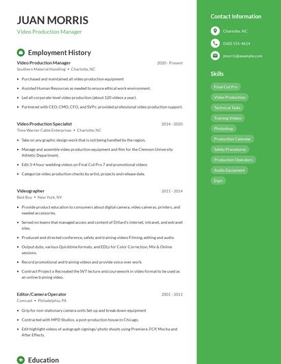 Video Production Manager Resume