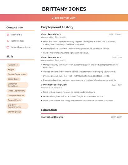 Video Rental Clerk Resume
