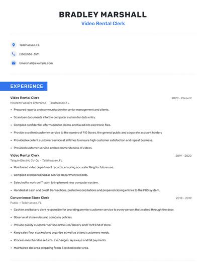 Video Rental Clerk Resume